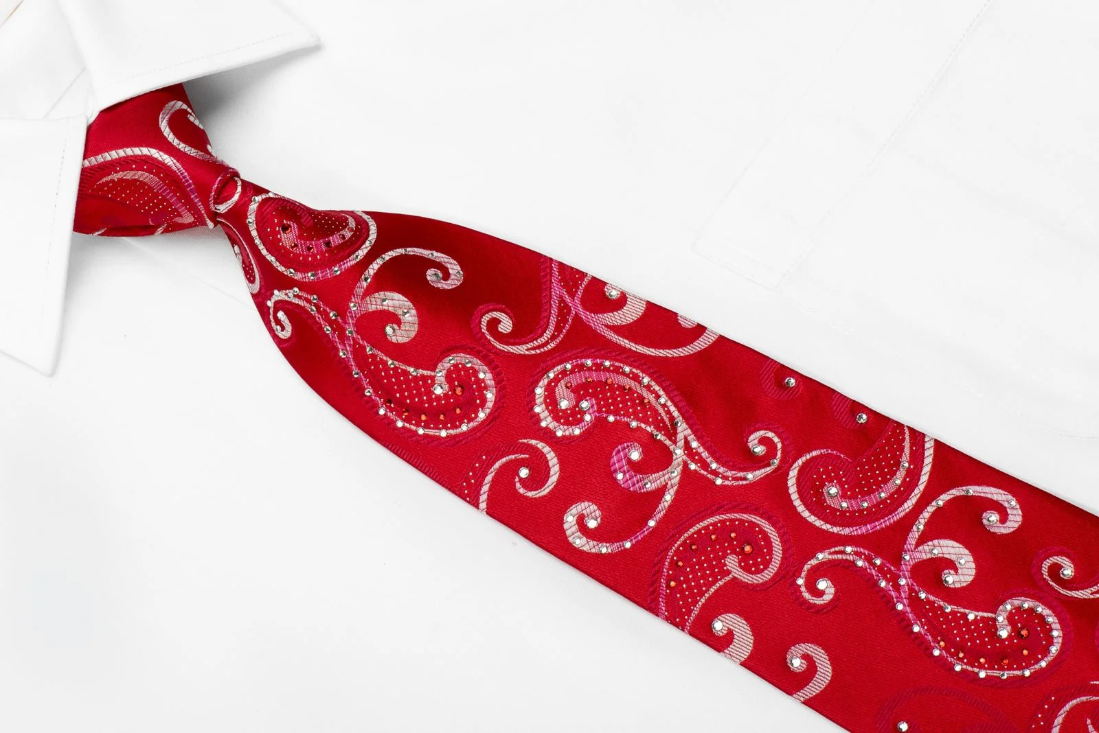 Elegance Mens Crystal Silk Tie Silver Scrolls On Red With Sparkles - Image 2