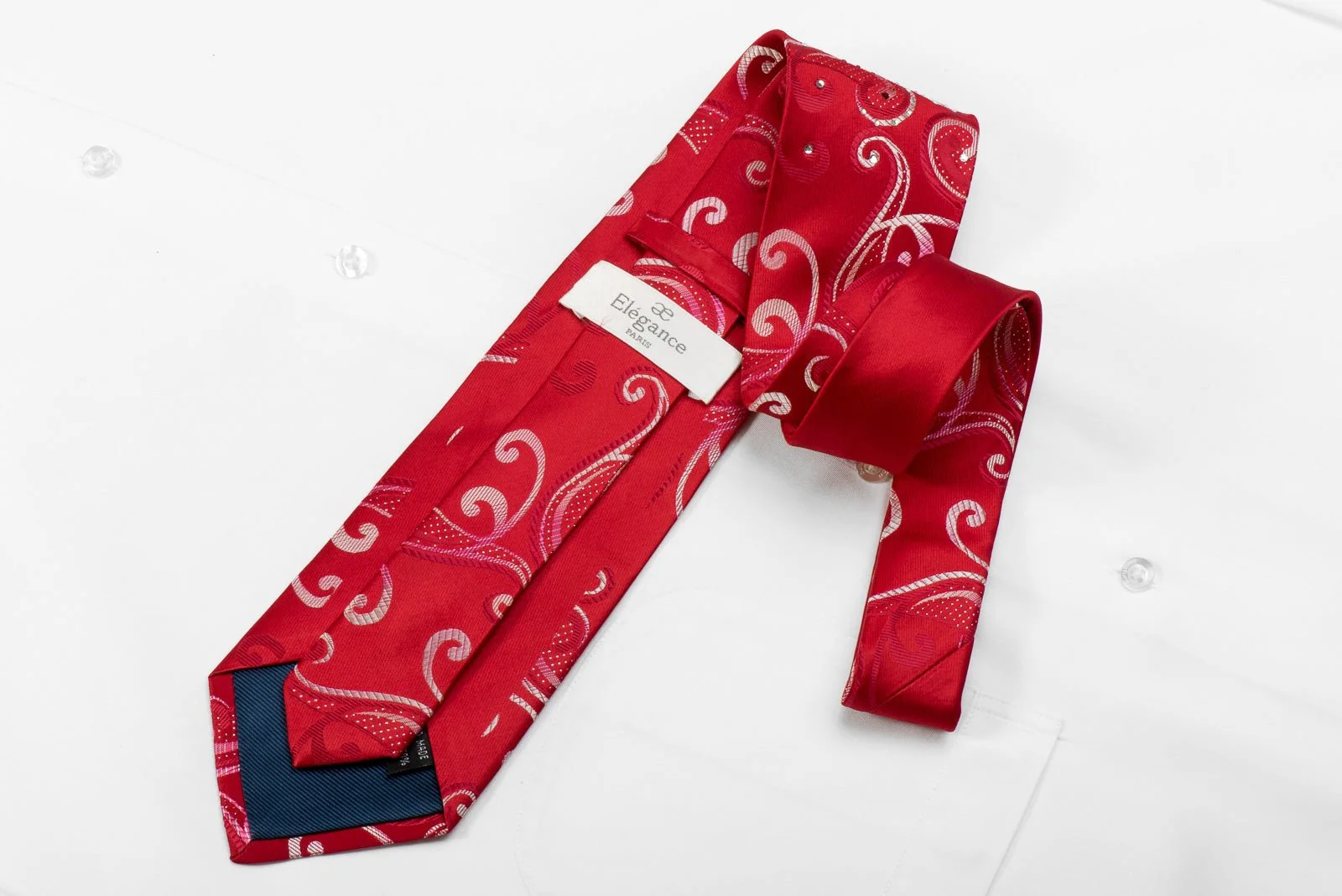 Elegance Mens Crystal Silk Tie Silver Scrolls On Red With Sparkles - Image 4