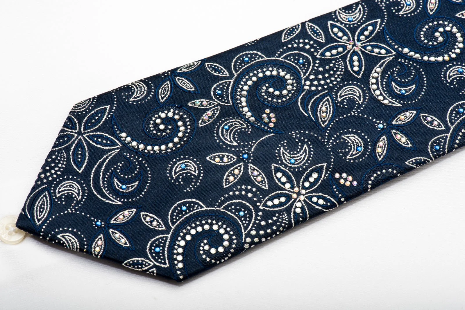 Elegance Mens Rhinestone Silk Necktie Floral On Navy Blue With Silver Sparkles - Image 3