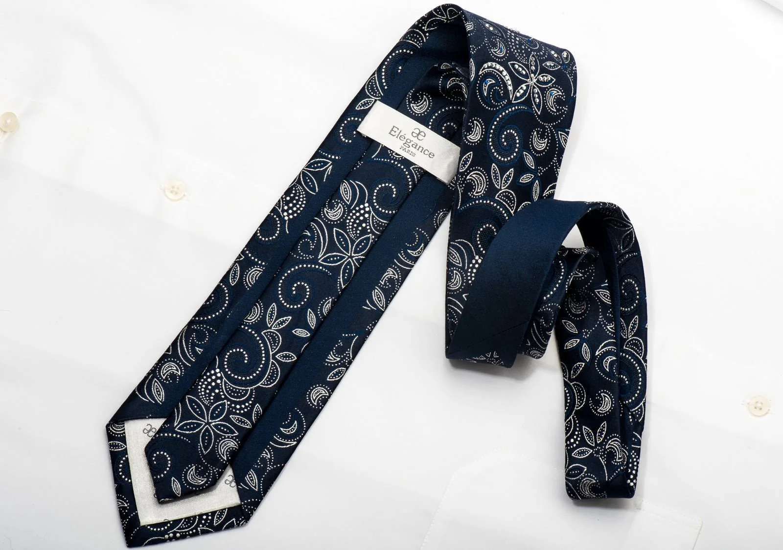Elegance Mens Rhinestone Silk Necktie Floral On Navy Blue With Silver Sparkles - Image 5