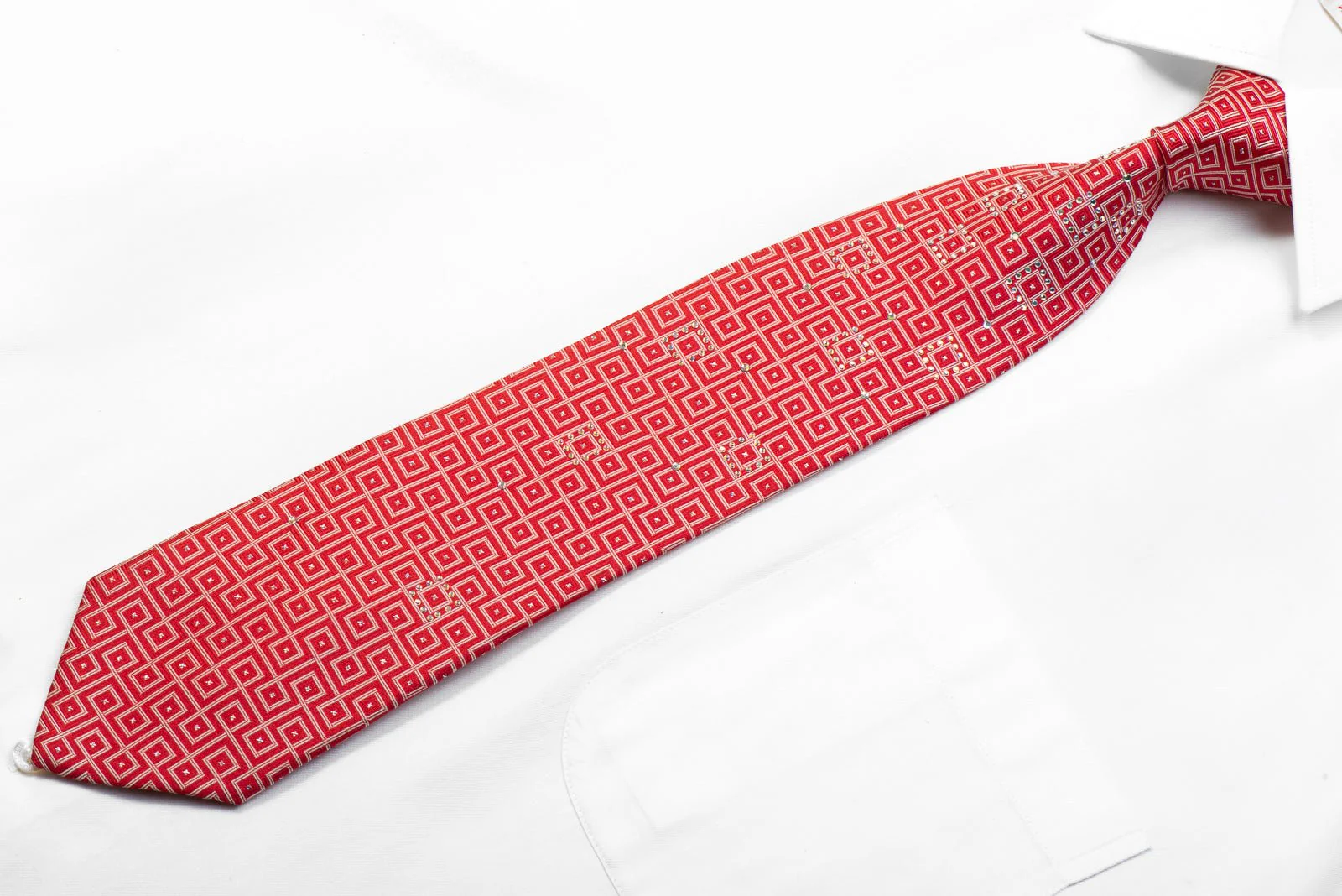 Elegance Mens Rhinestone Silk Necktie Silver Geometric On Red With Sparkles - Image 3