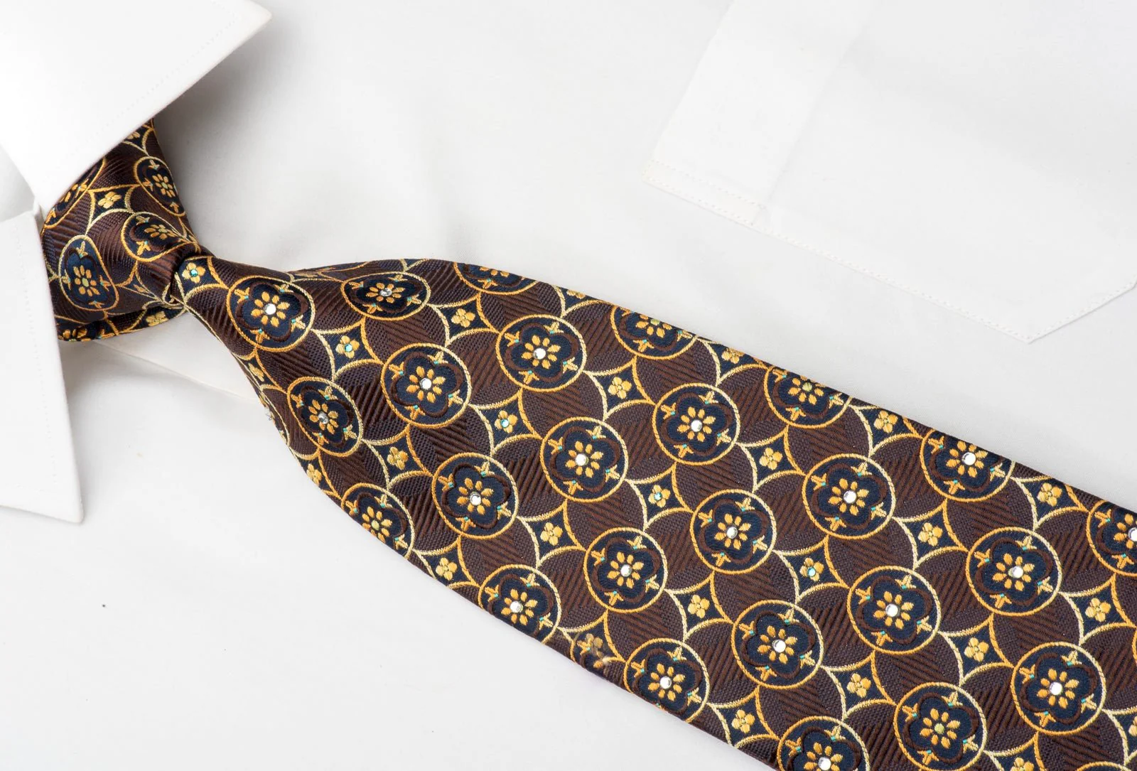 Elegance Mens Rhinestone Tie Orange Interlocking Circles On Brown Silk - Image 3