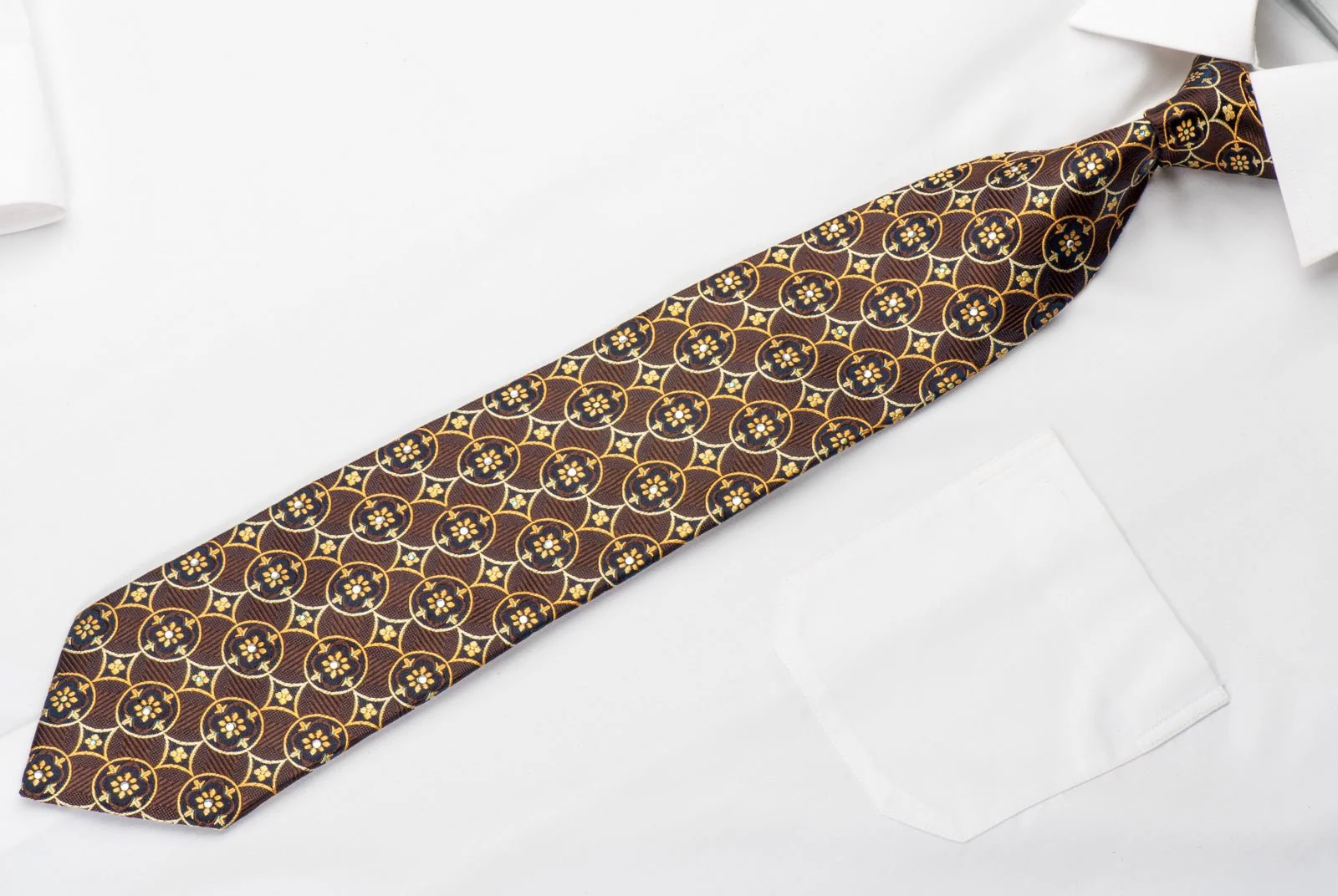 Elegance Mens Rhinestone Tie Orange Interlocking Circles On Brown Silk - Image 4