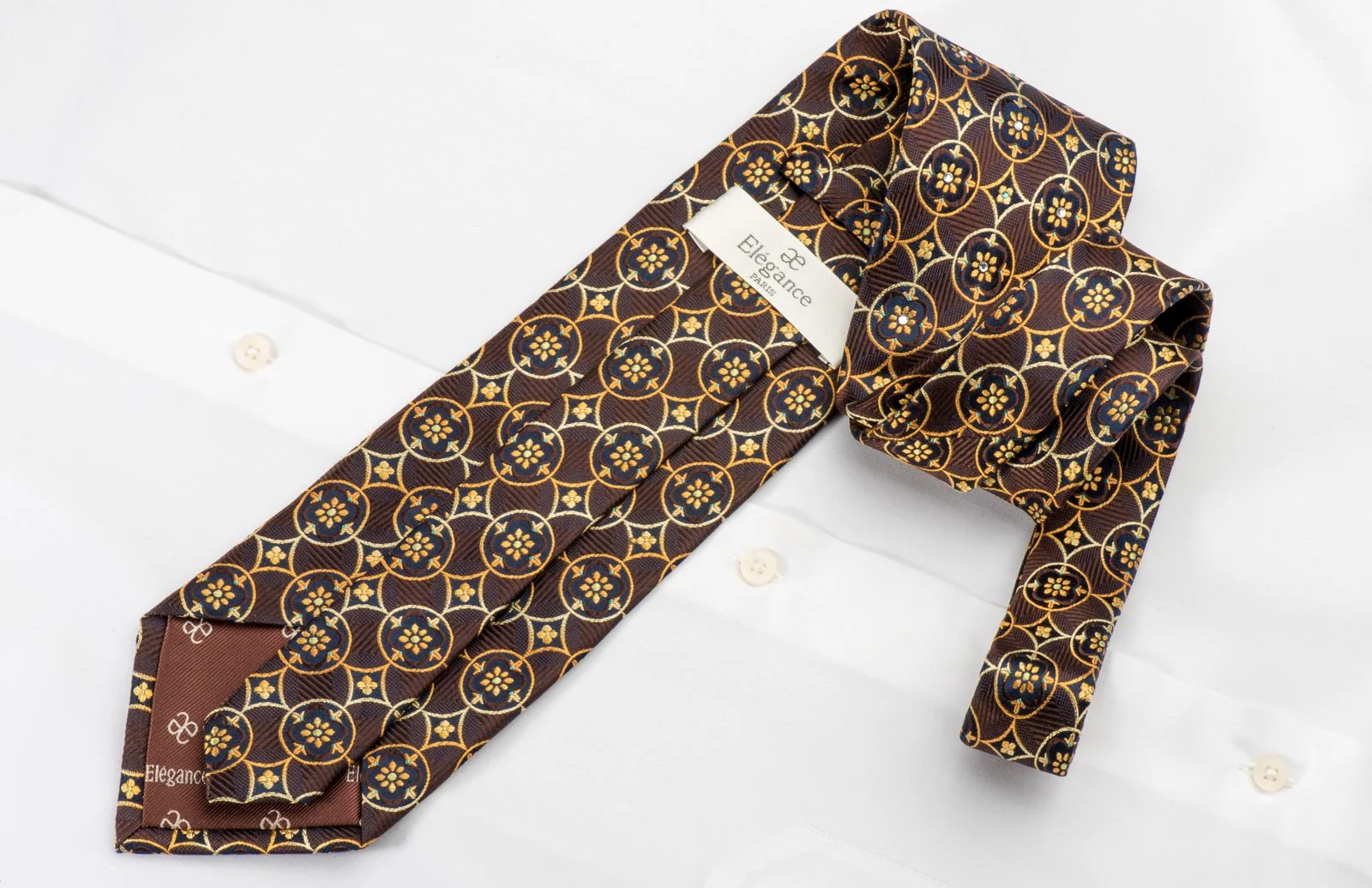 Elegance Mens Rhinestone Tie Orange Interlocking Circles On Brown Silk - Image 5