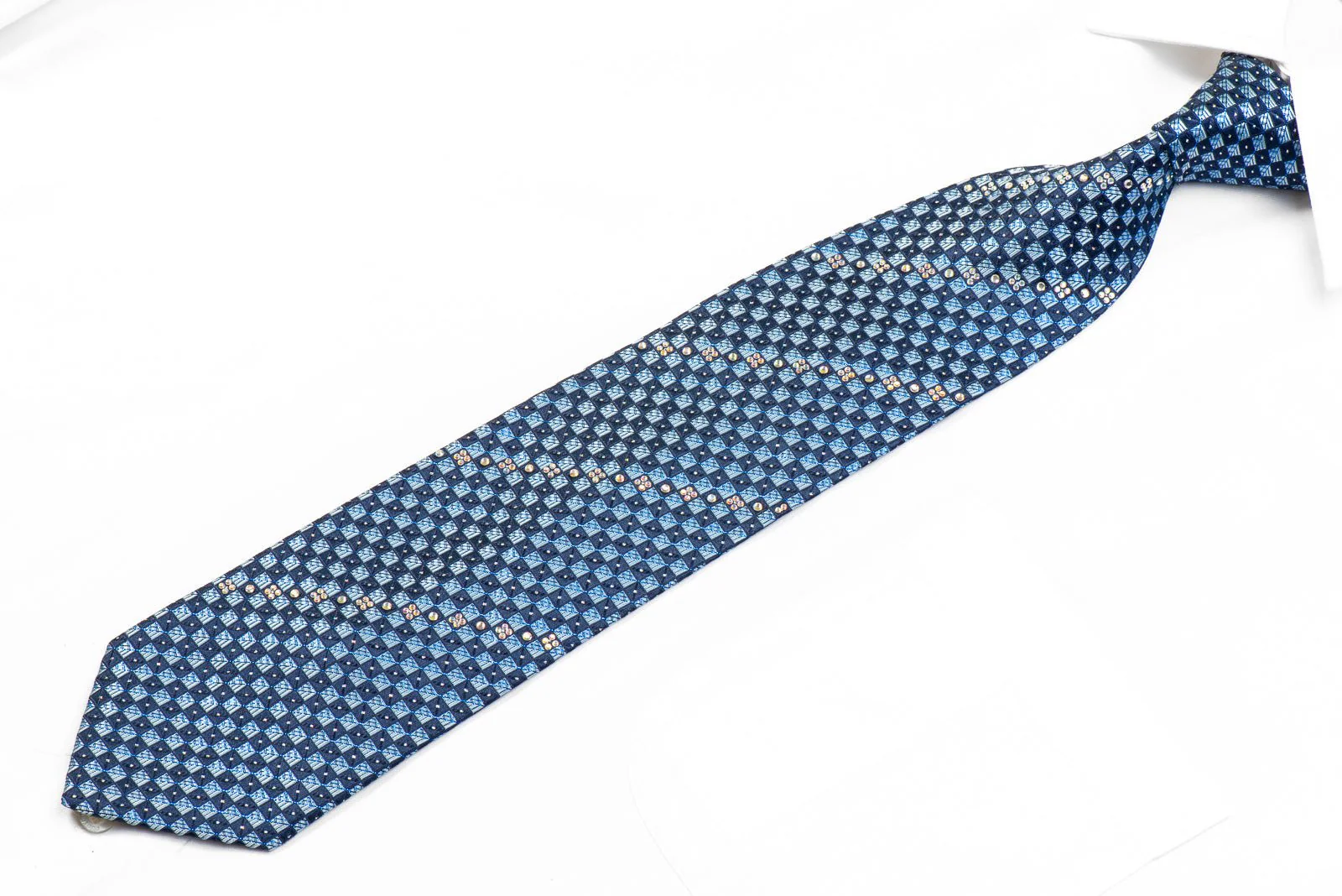 Elegance Rhinestone Silk Necktie Blue Checkered With Silver Sparkles - Image 3