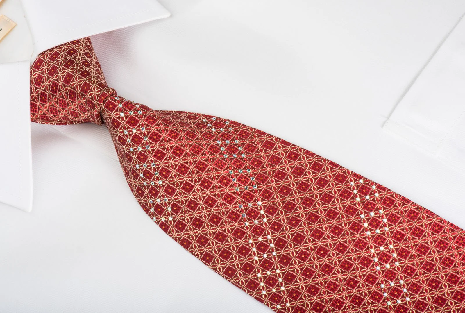 Elegance Rhinestone Silk Necktie Gold Trellis On Red With Gold Sparkles - Image 3