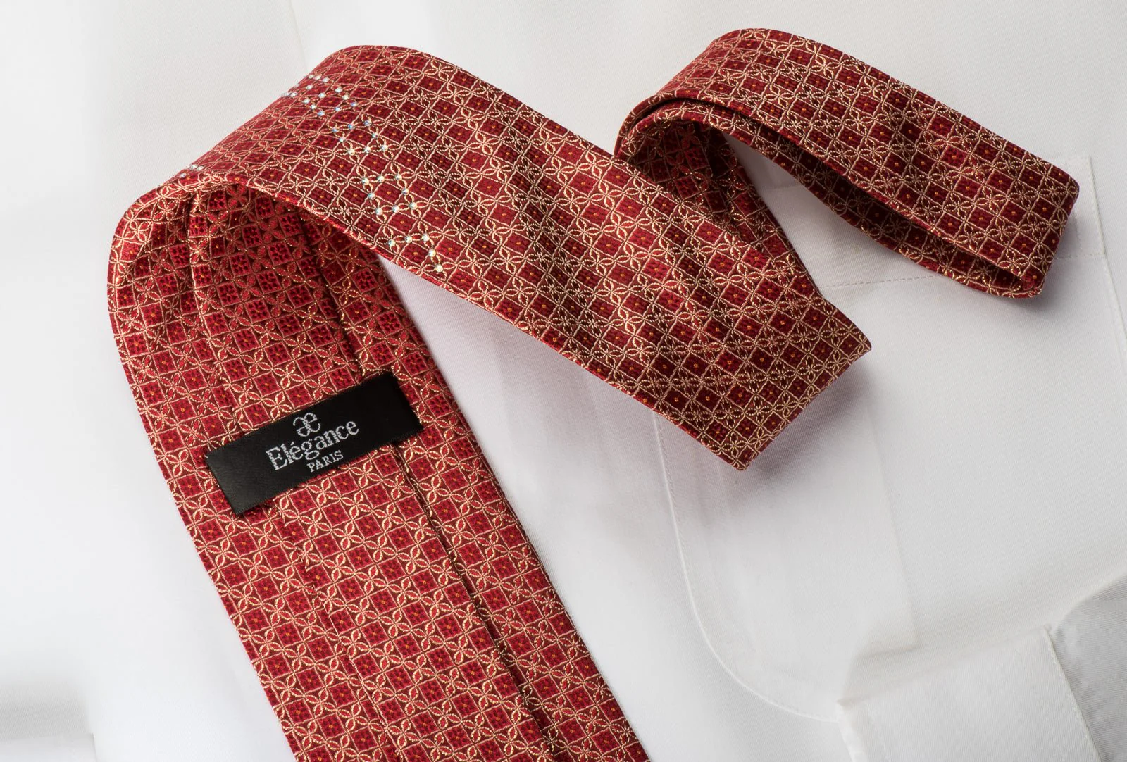 Elegance Rhinestone Silk Necktie Gold Trellis On Red With Gold Sparkles - Image 4