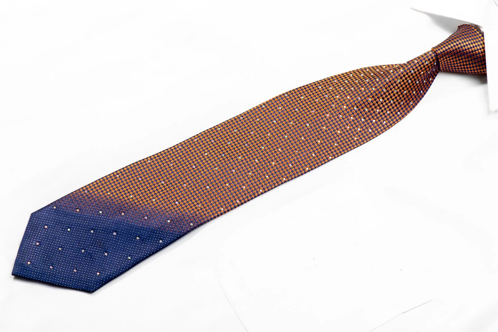 Elegance Rhinestone Silk Necktie Orange Houndstooth On Navy With Silver Sparkles - Image 3