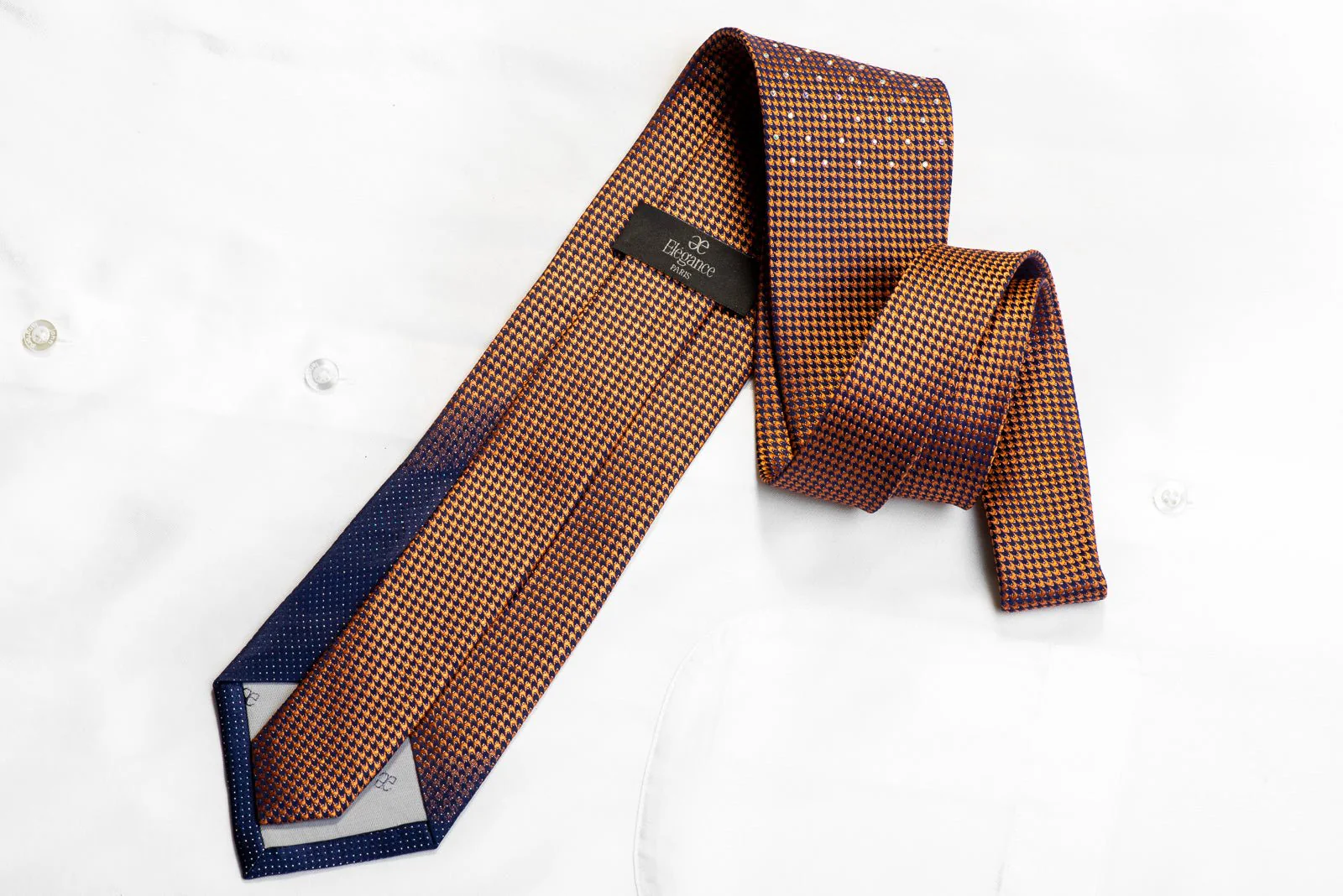 Elegance Rhinestone Silk Necktie Orange Houndstooth On Navy With Silver Sparkles - Image 4