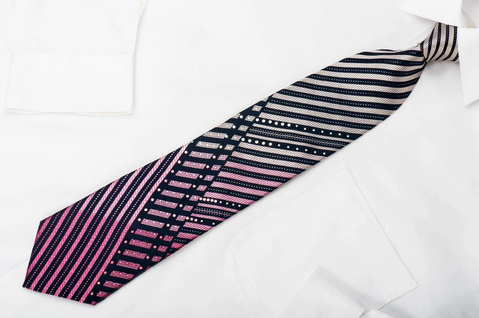 Elegance Mens Rhinestone Silk Necktie Pink Stripes On Navy With Silver Sparkles - Image 2