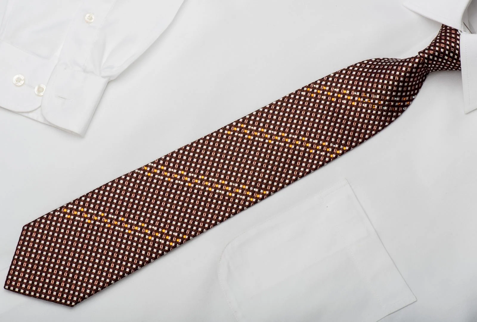 Elegance Rhinestone Silk Necktie Silver Checkered On Burgundy With Copper Sparkles - Image 5