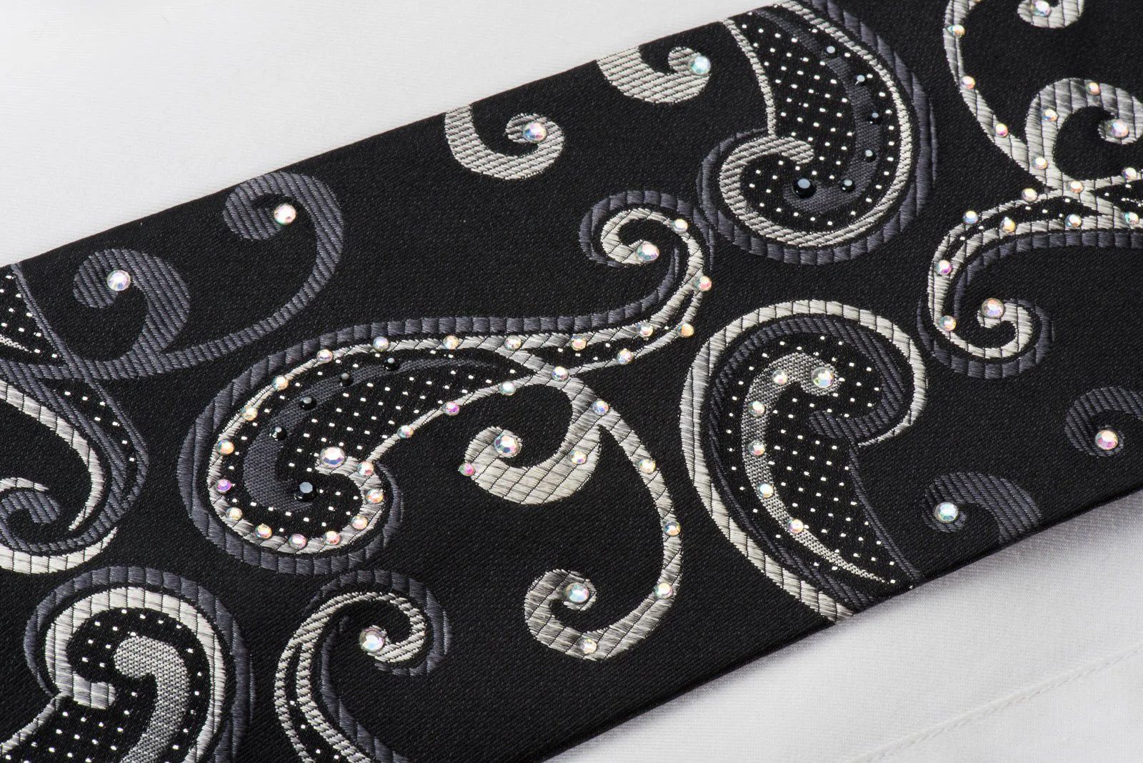 Elegance Rhinestone Silk Necktie Silver Scrolls On Black With Silver Sparkles - Image 2