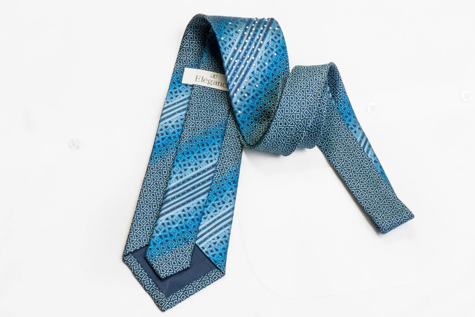 Elegance Rhinestone Silk Tie Blue Striped Geometric On Navy With Sparkles - Image 4