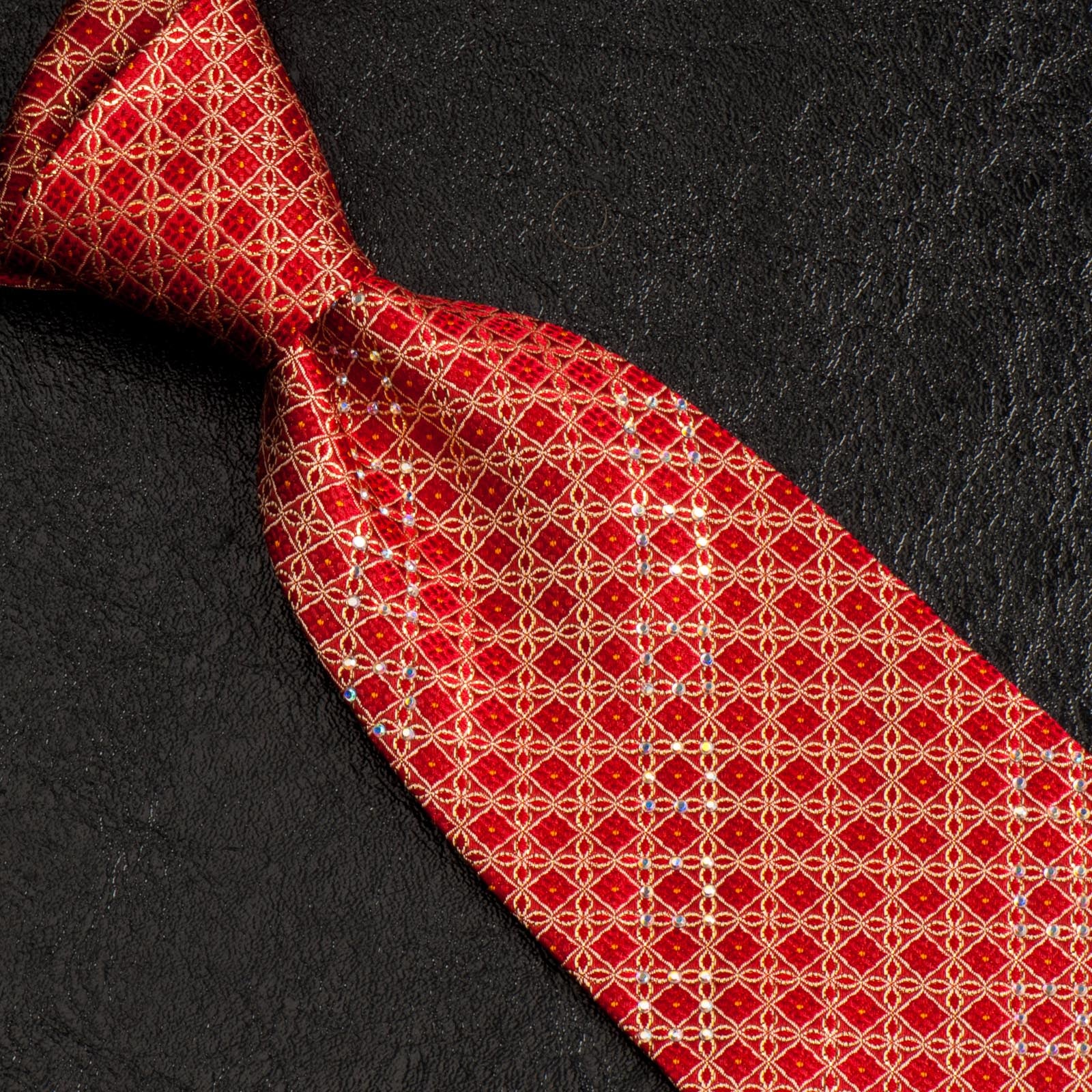 Elégance Silk Neck Tie Golden Geometric Design On Red With White Rhinestones - Image 8