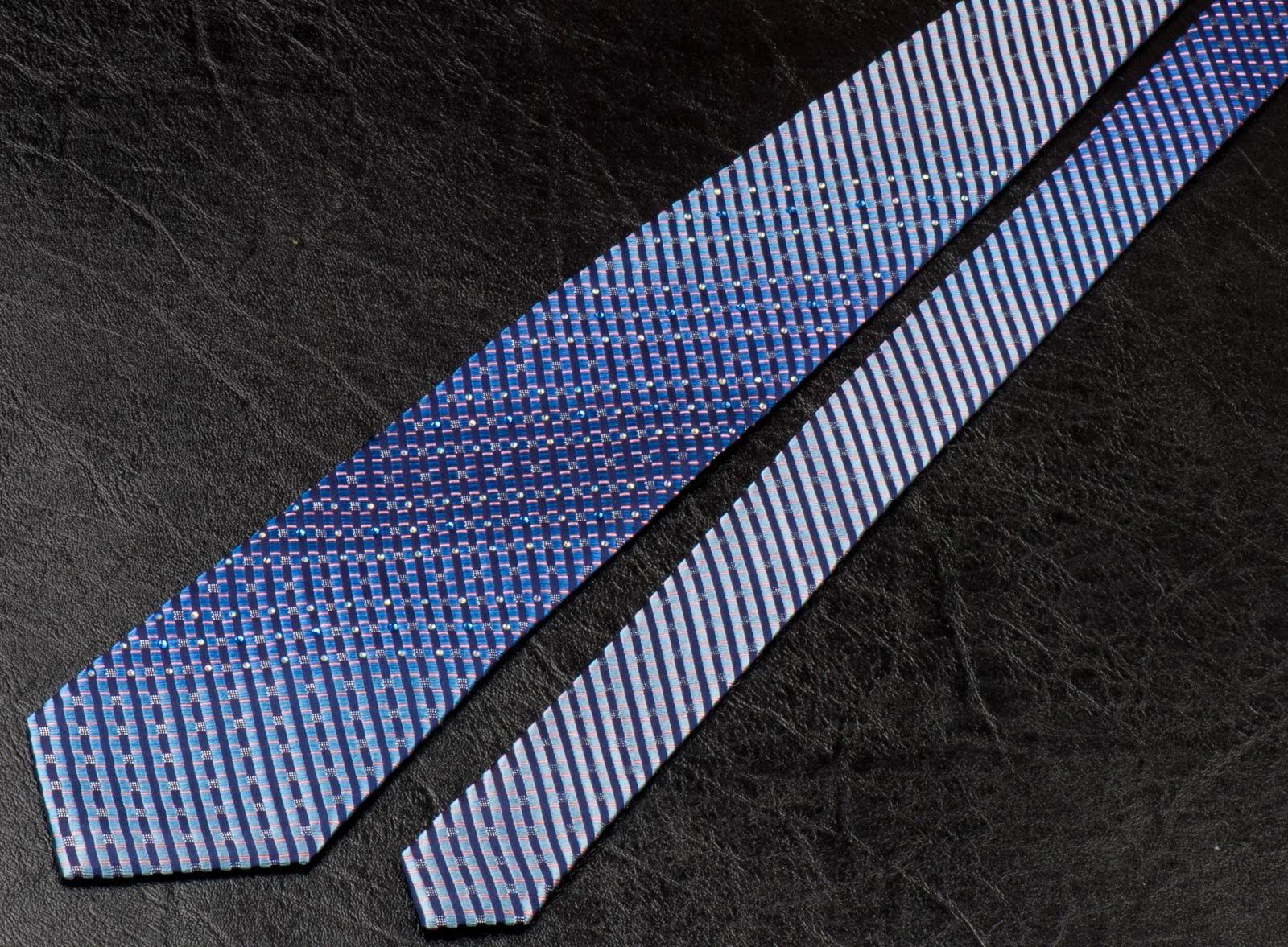 Elegance Silk Neck Tie Shades Of Blue Stripes With White & Blue Rhinestones - Image 5