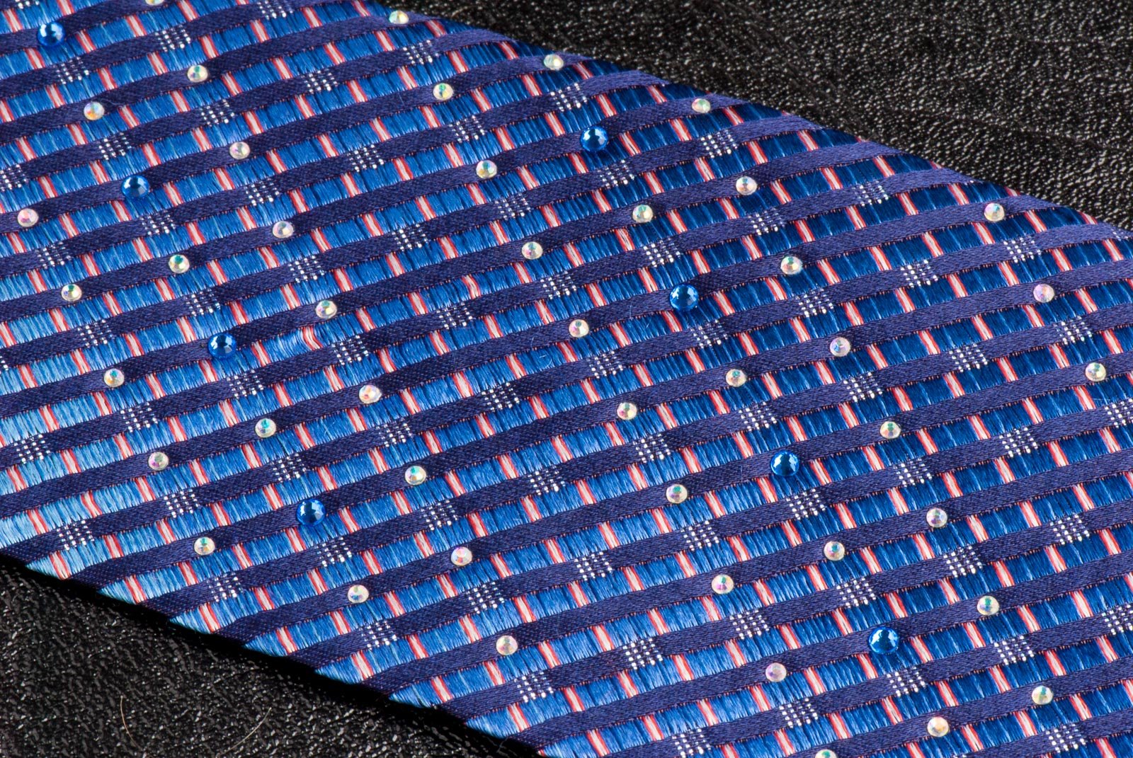 Elegance Silk Neck Tie Shades Of Blue Stripes With White & Blue Rhinestones - Image 7