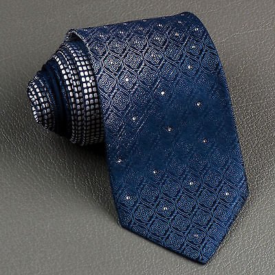 Elegance Silk Neck Tie Silver Scroll Quatrefoil On Dark Blue With Rhinestones - Image 2