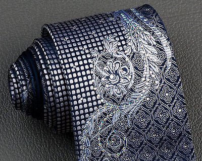 Elegance Silk Neck Tie Silver Scroll Quatrefoil On Dark Blue With Rhinestones - Image 3