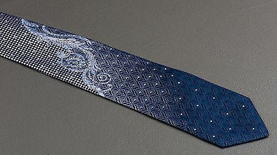 Elegance Silk Neck Tie Silver Scroll Quatrefoil On Dark Blue With Rhinestones - Image 4