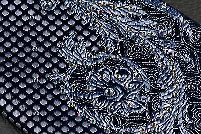 Elegance Silk Neck Tie Silver Scroll Quatrefoil On Dark Blue With Rhinestones - Image 6
