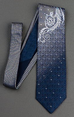 Elegance Silk Neck Tie Silver Scroll Quatrefoil On Dark Blue With Rhinestones - Image 8