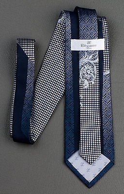 Elegance Silk Neck Tie Silver Scroll Quatrefoil On Dark Blue With Rhinestones - Image 9
