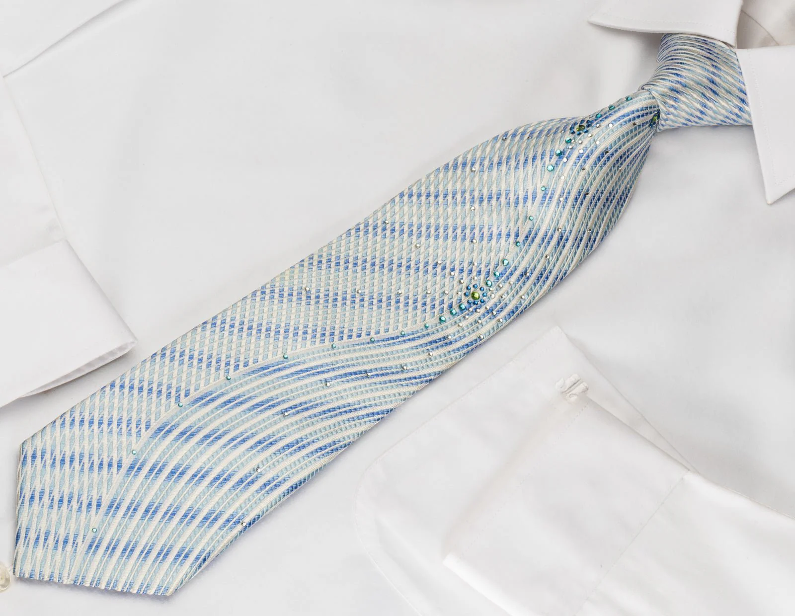Elegance Silk Necktie Blue Waves On White Sparkling With Crystal Rhinestones - Image 7