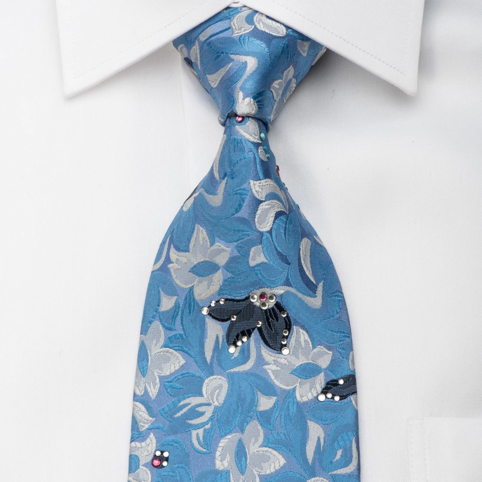 Elegance Silk Necktie Floral On Blue Sparkling With Rhinestones