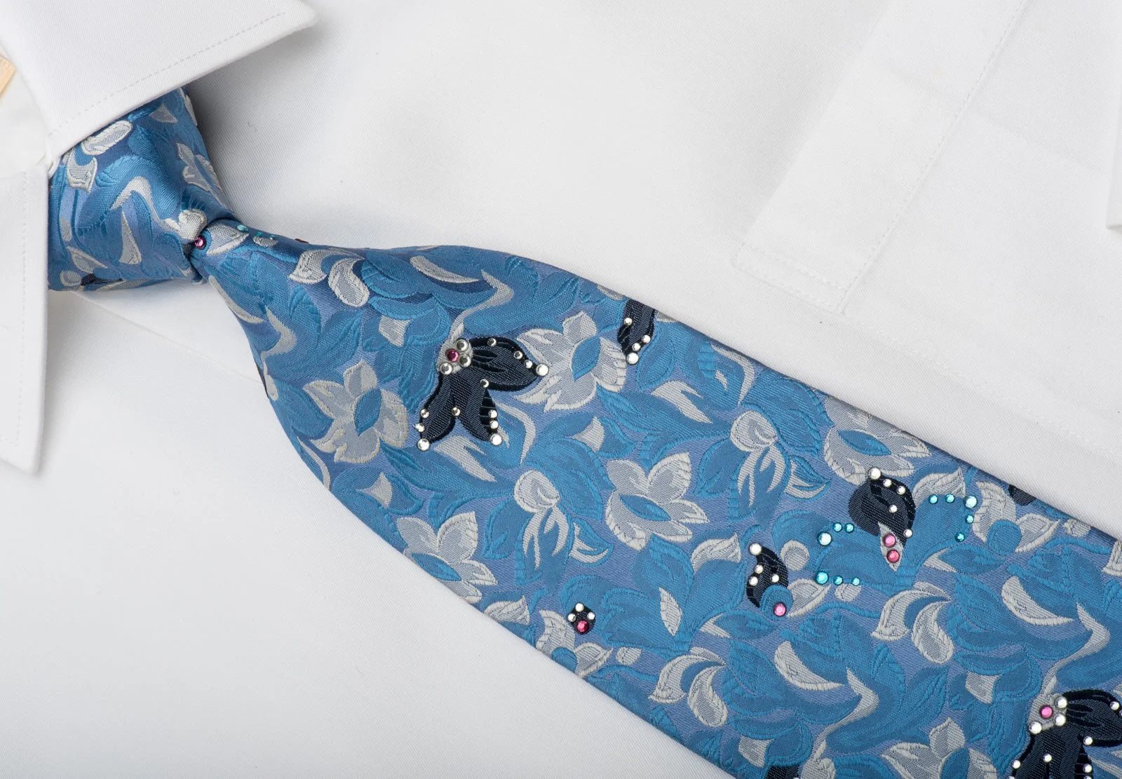 Elegance Silk Necktie Floral On Blue Sparkling With Rhinestones - Image 3