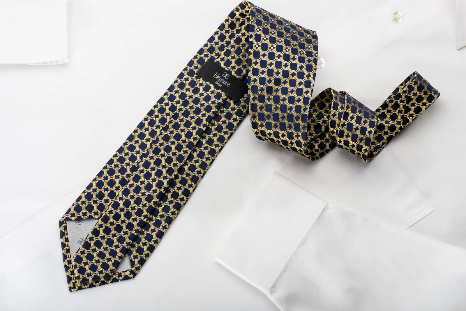 Elegance Silk Necktie Golden Trellis On Navy With Rhinestones - Image 5