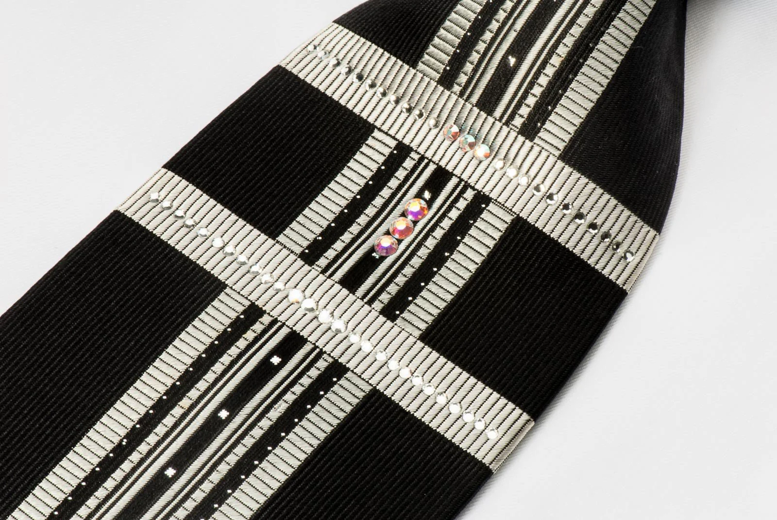 Elegance Silk Necktie Silver Stripes On Black With White Crystal Rhinestones & Silver Sparkles - Image 2