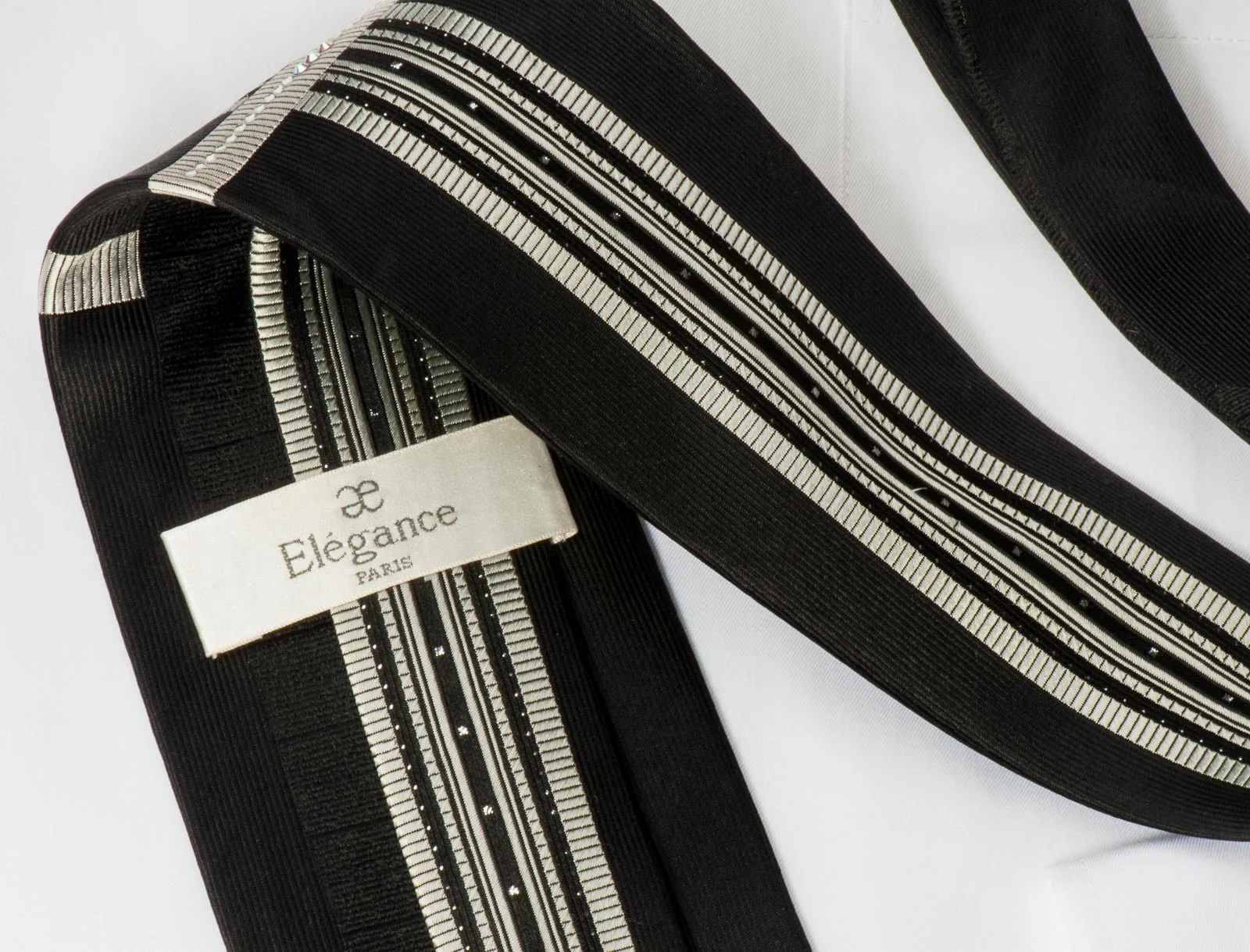 Elegance Silk Necktie Silver Stripes On Black With White Crystal Rhinestones & Silver Sparkles - Image 7