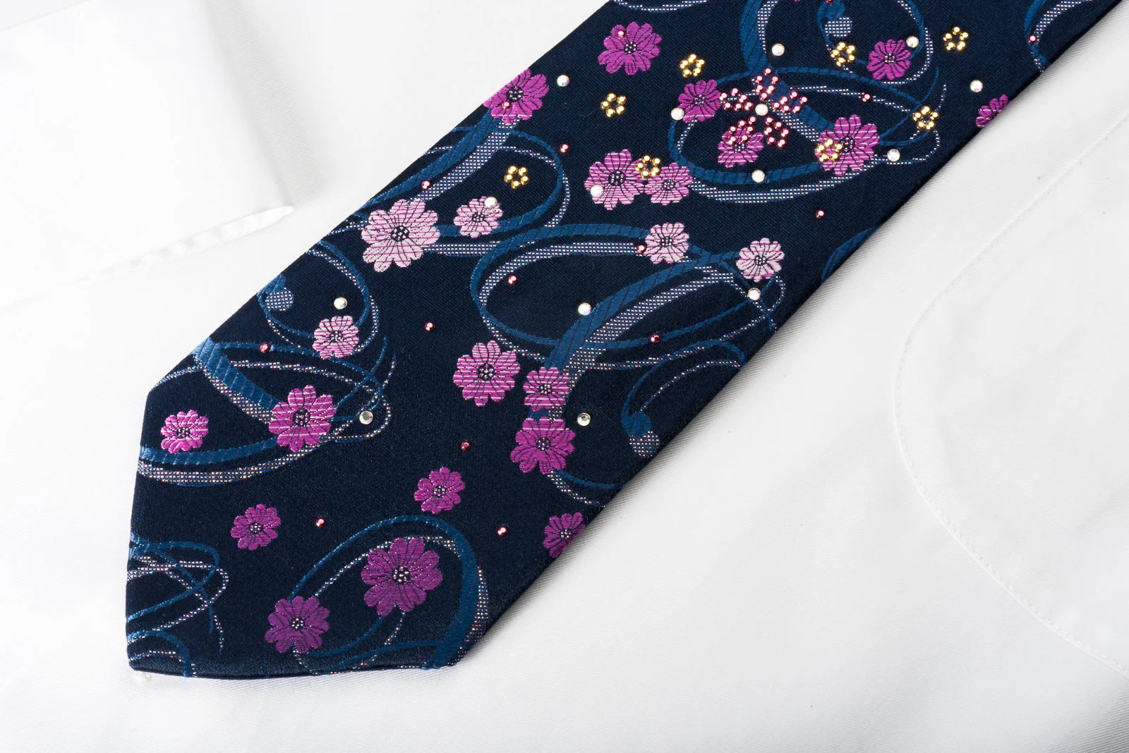 Elegance Silk Rhinestone Necktie Floral On Blue With Silver Sparkles - Image 3