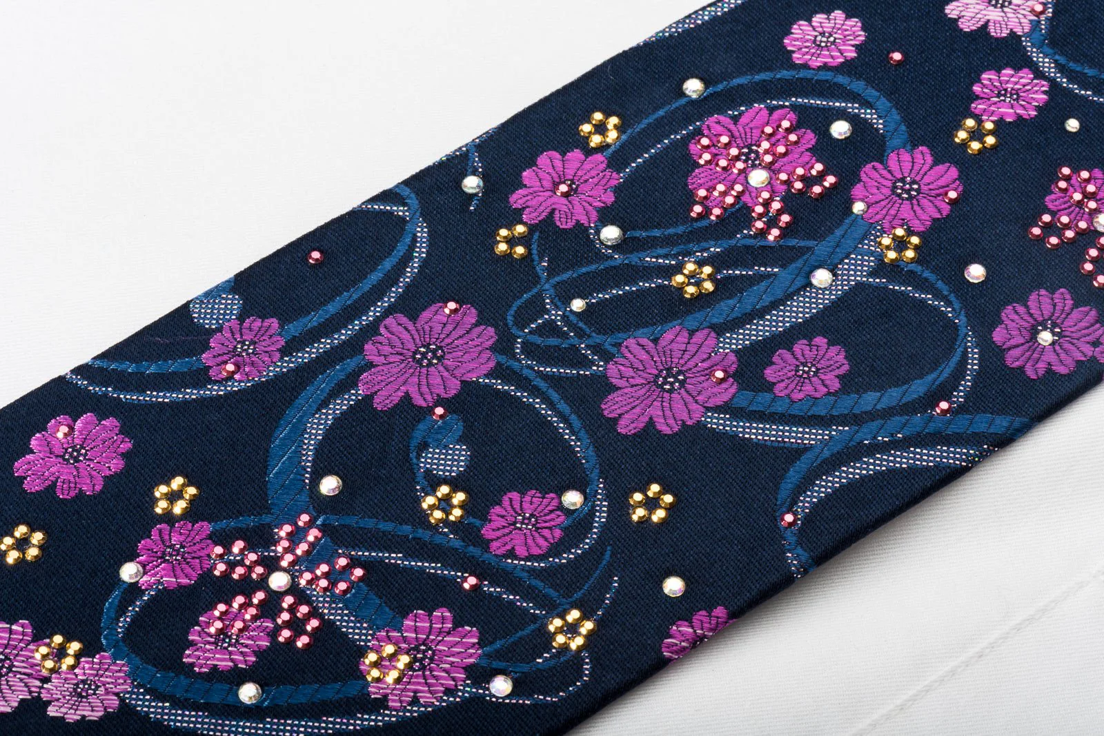 Elegance Silk Rhinestone Necktie Floral On Blue With Silver Sparkles - Image 6