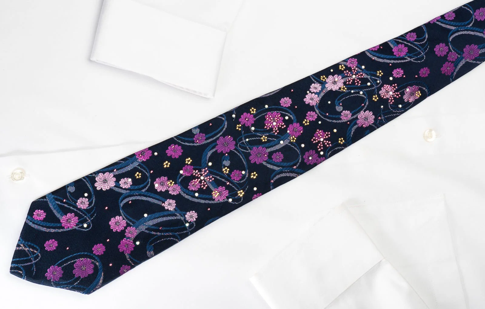 Elegance Silk Rhinestone Necktie Floral On Blue With Silver Sparkles - Image 7