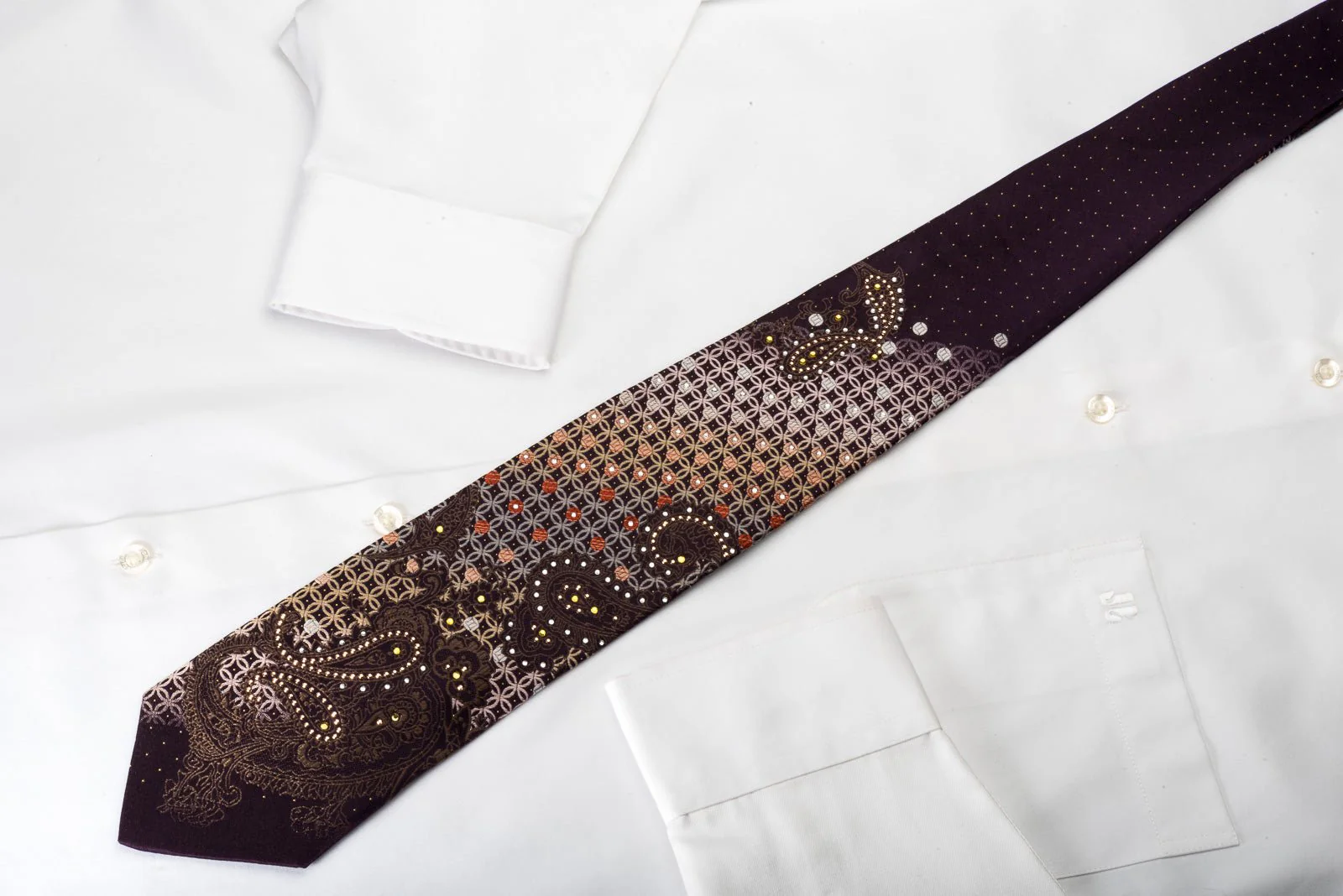 Elegance Silk Rhinestone Necktie Paisley Interlocking Circles On Brown With Silver Sparkles - Image 6