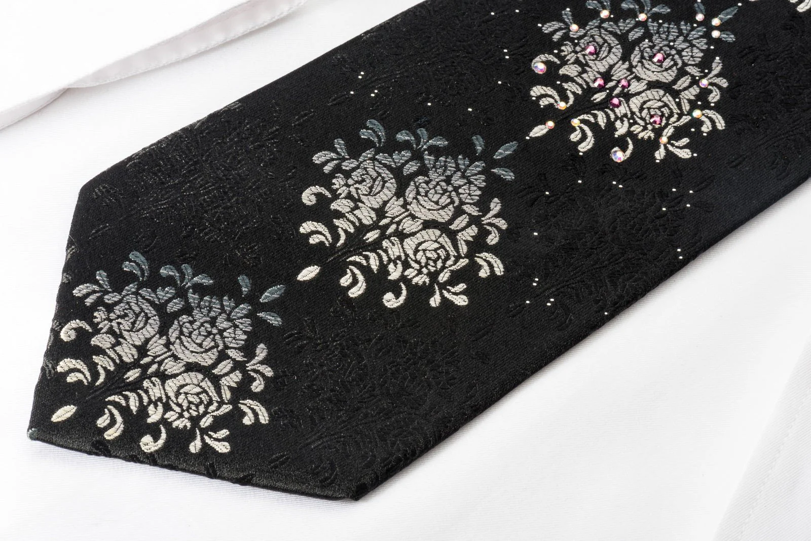 Elegance Silk Rhinestone Necktie Silver Floral On Black With Sparkles - Image 13
