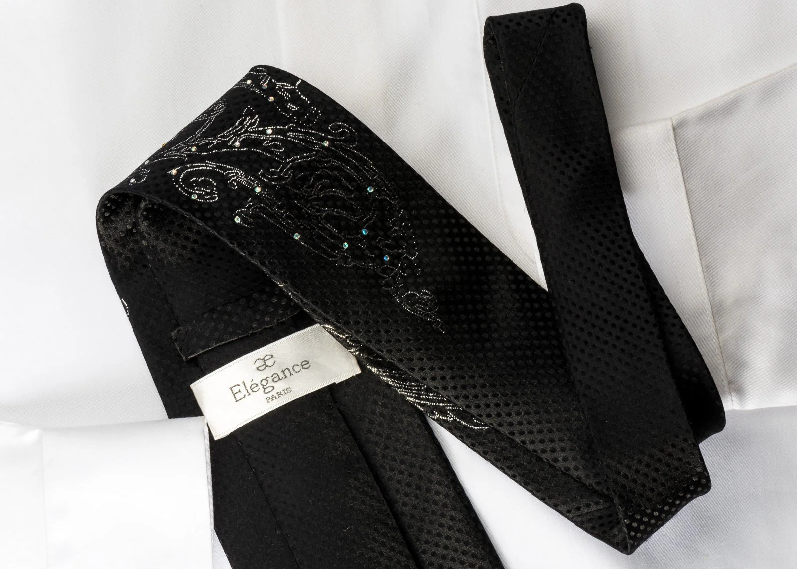 Elegance Silk Rhinestone Necktie Silver Floral On Black With Sparkles - Image 5