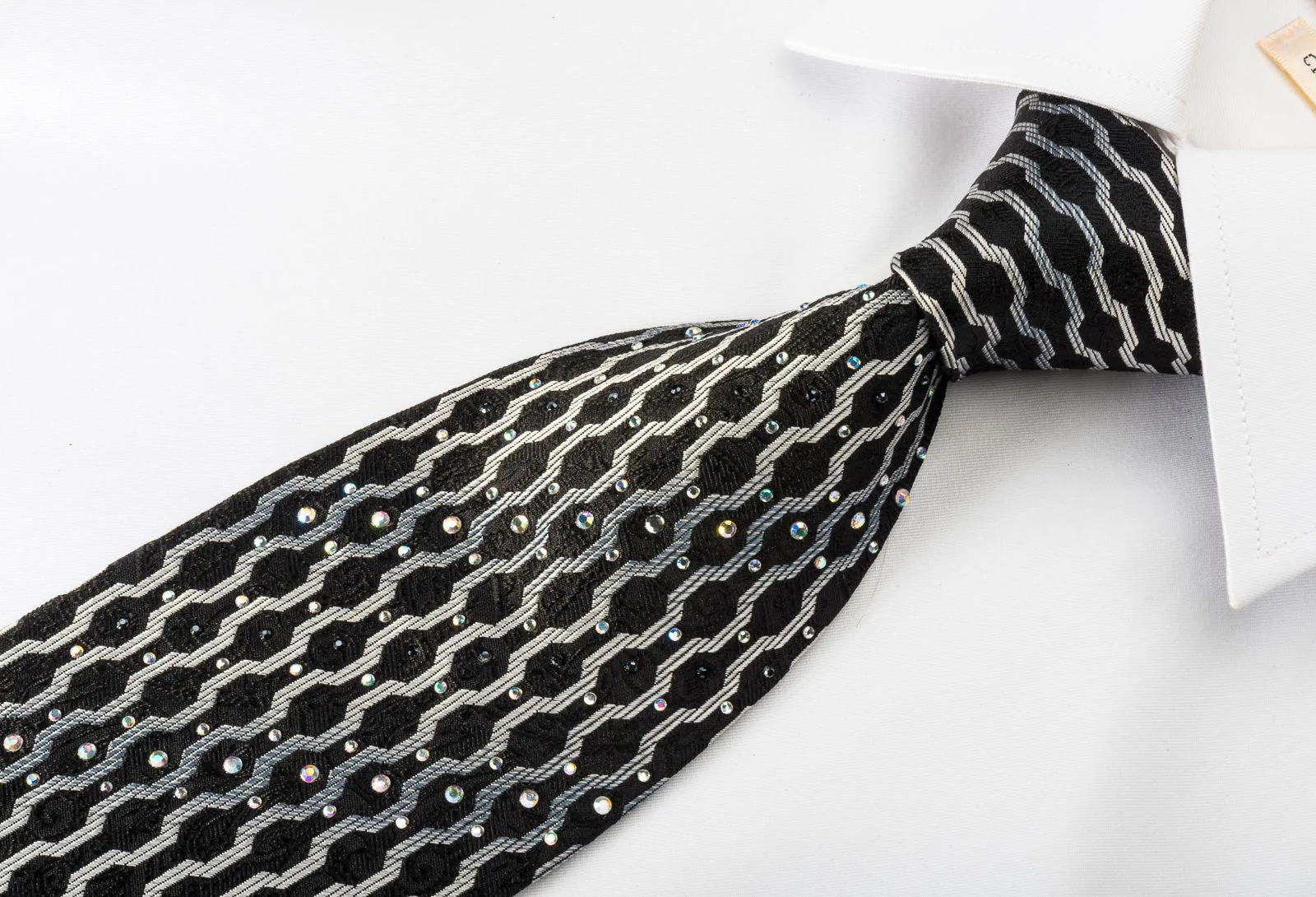 Elegance Silk Tie Silver Geometric On Black With Rhinestones - Image 2