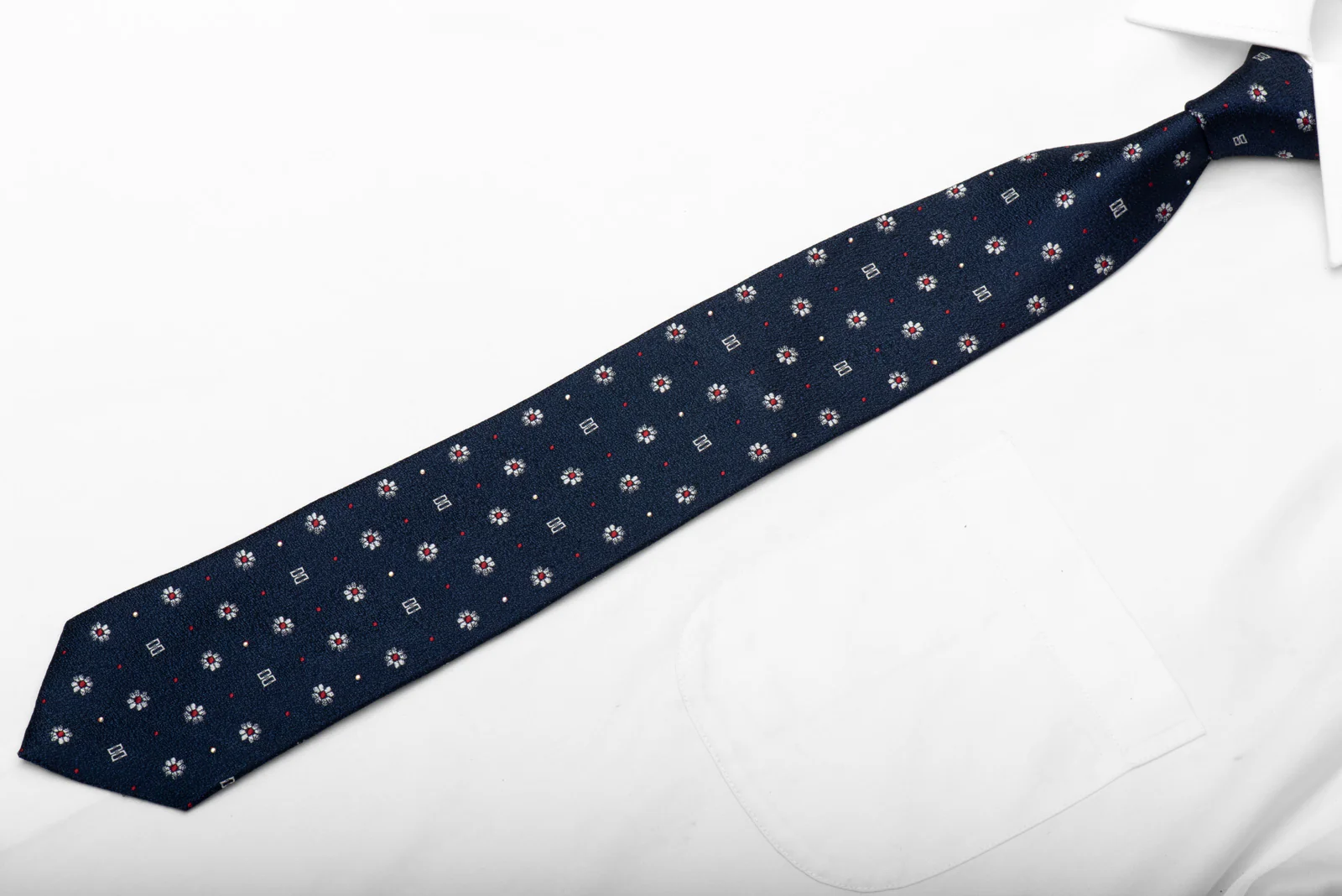 Elegant Silver Red Floral Design On Navy Blue Rhinestone Silk Tie - Image 3