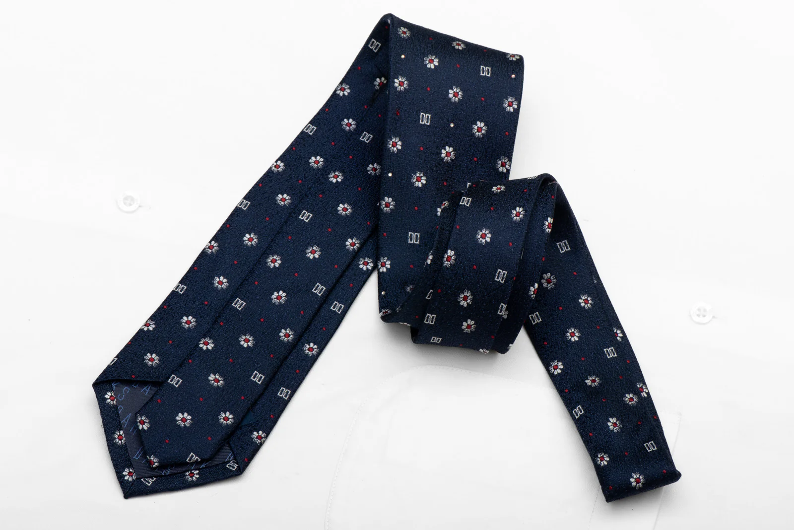 Elegant Silver Red Floral Design On Navy Blue Rhinestone Silk Tie - Image 4