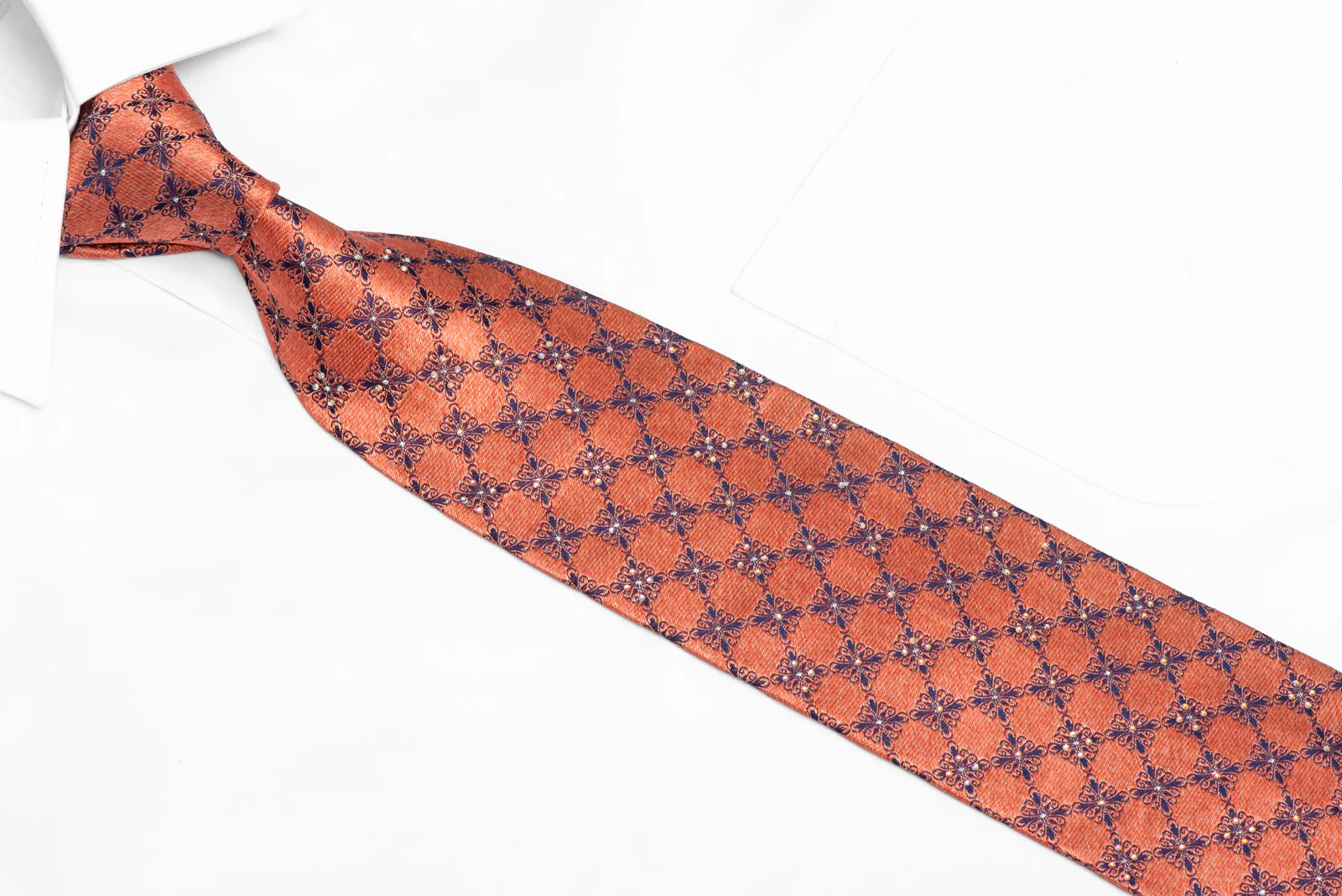 Blue Cartouche On Salmon Pink Rhinestone Silk Necktie With Silver Sparkles - Image 2
