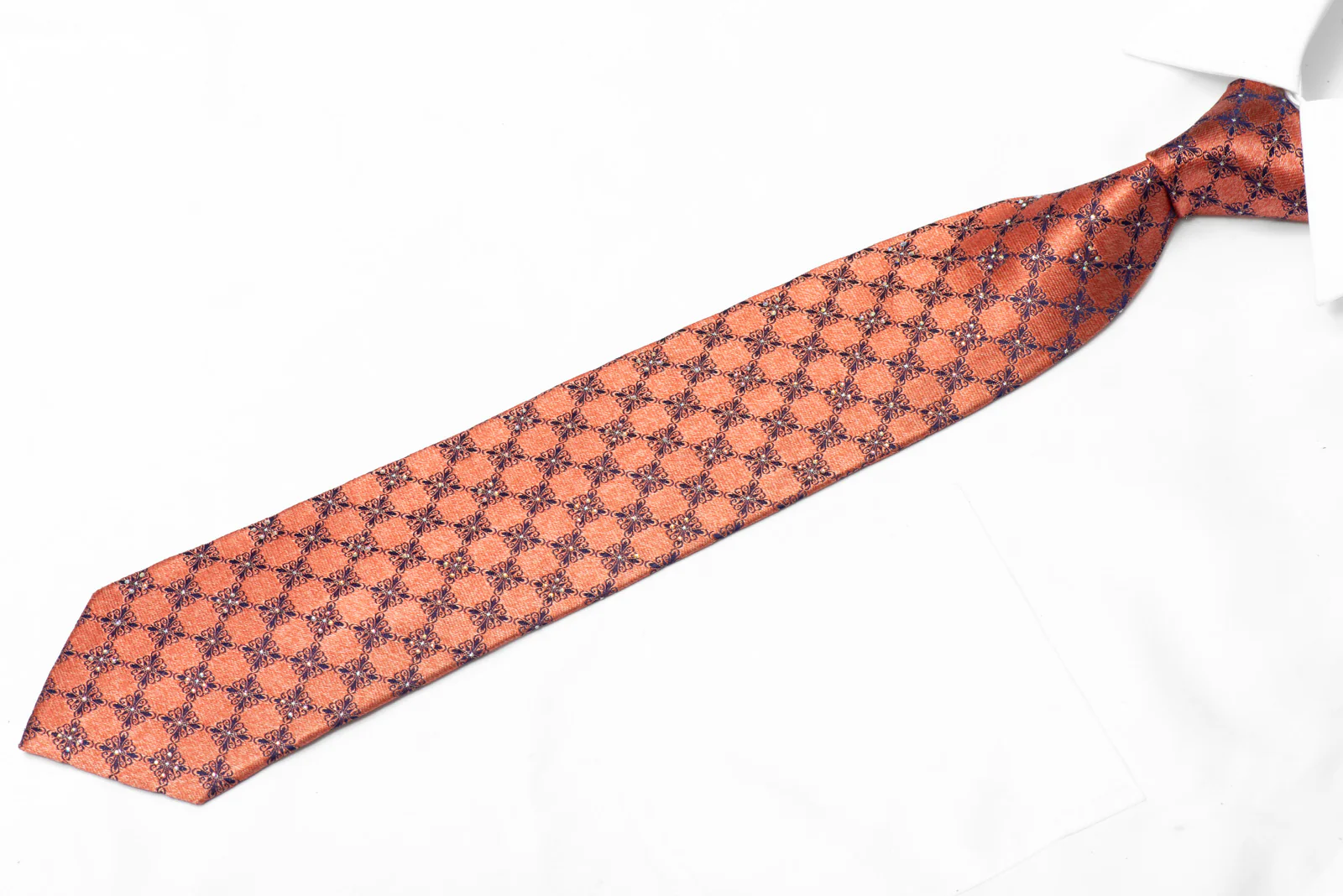 Blue Cartouche On Salmon Pink Rhinestone Silk Necktie With Silver Sparkles - Image 3