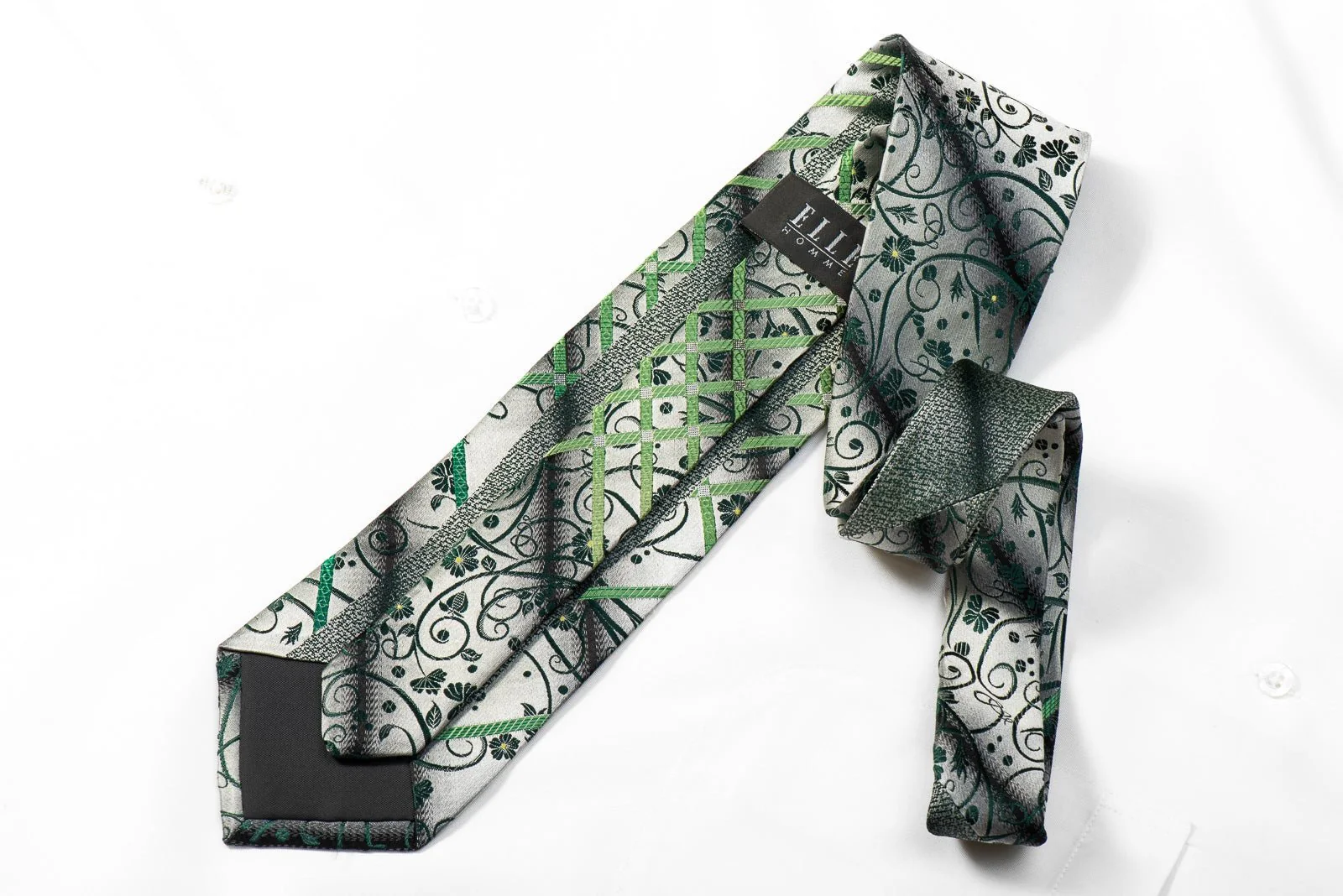 Elle Homme Men's Crystal Rhinestone Silk Necktie Green Floral Scrolls Striped On Silver With Sparkles - Image 4
