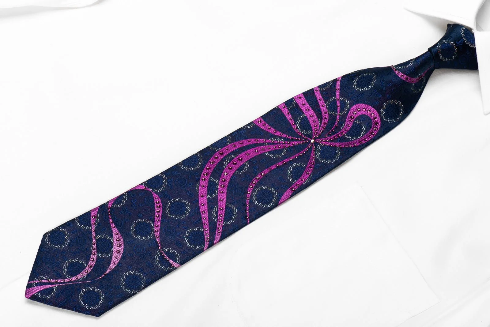 Elle Homme Men's Crystal Silk Necktie Purple Waves & Floral On Navy Blue With Silver Sparkles - Image 2