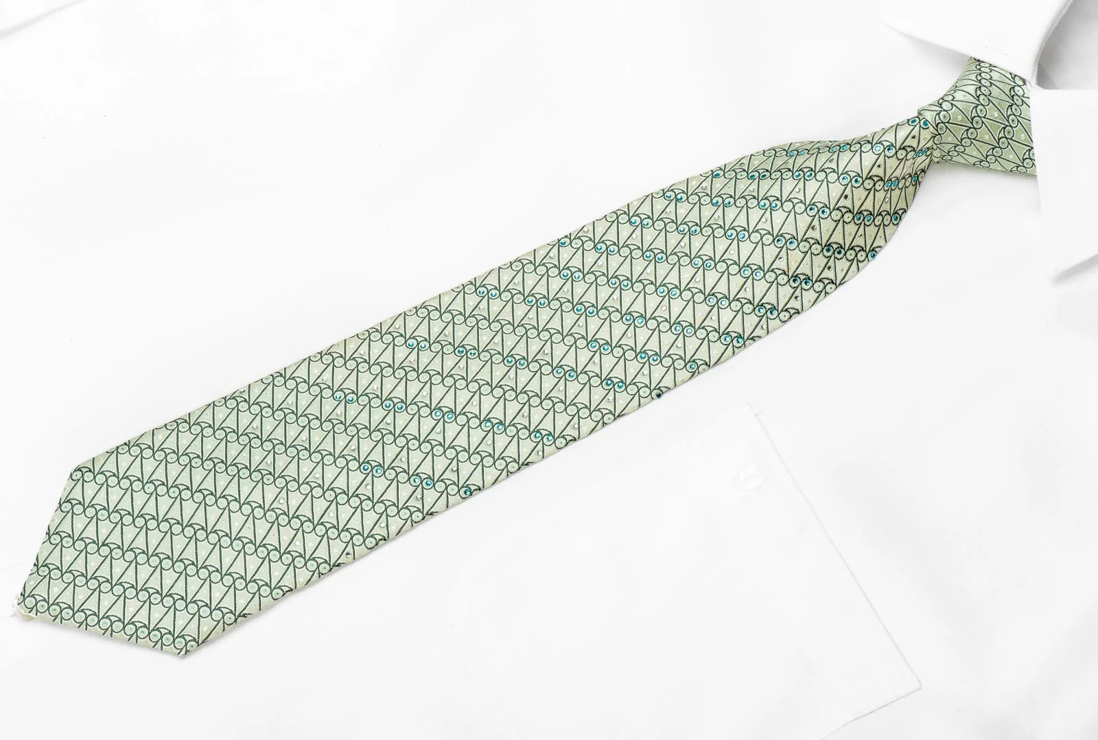 Elle Homme Men's Crystal Silk Tie Geometric On Pale Green With Silver Sparkles - Image 4