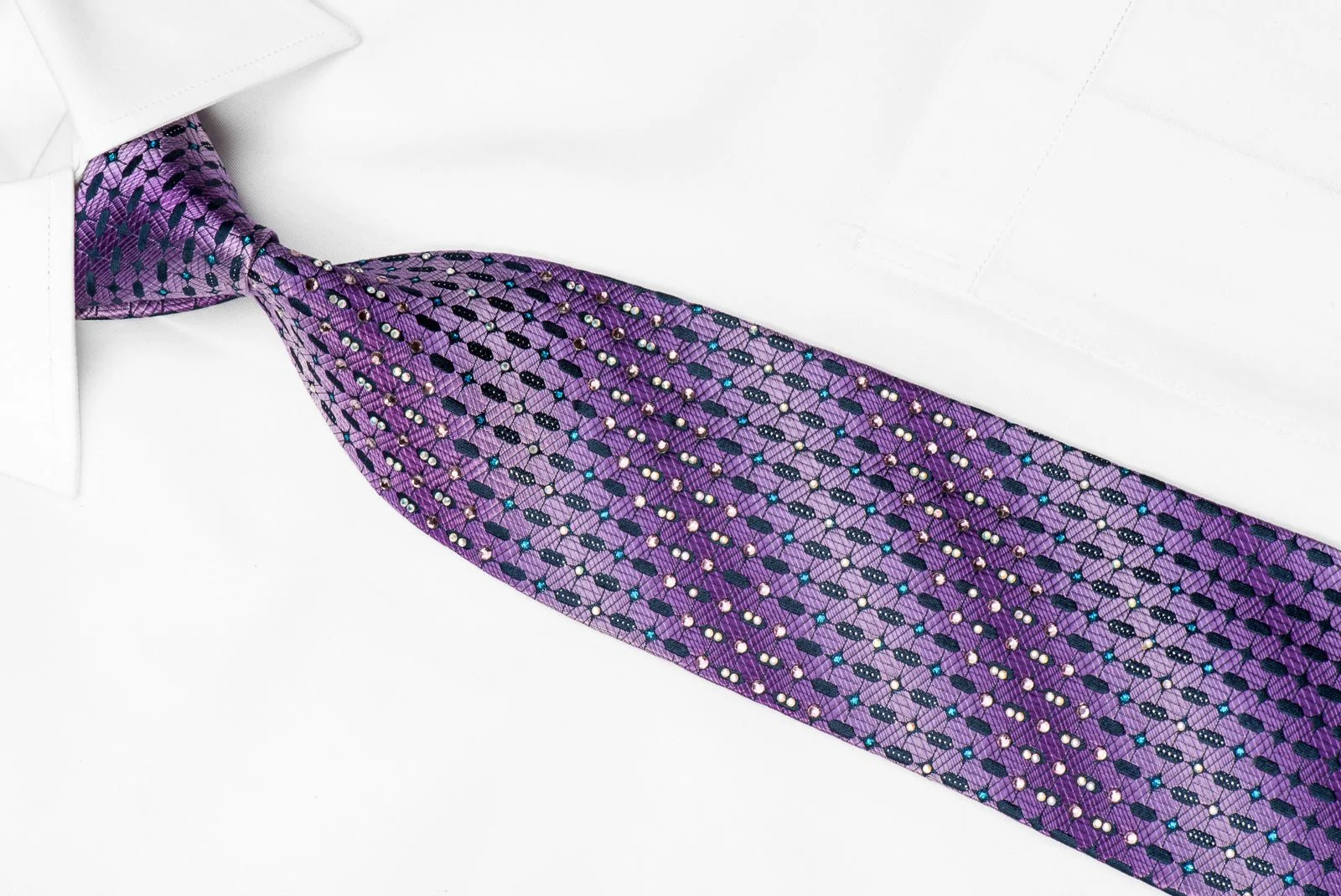 Elle Homme Men's Crystal Tie Geometric On Purple Silk With Blue Sparkles - Image 2