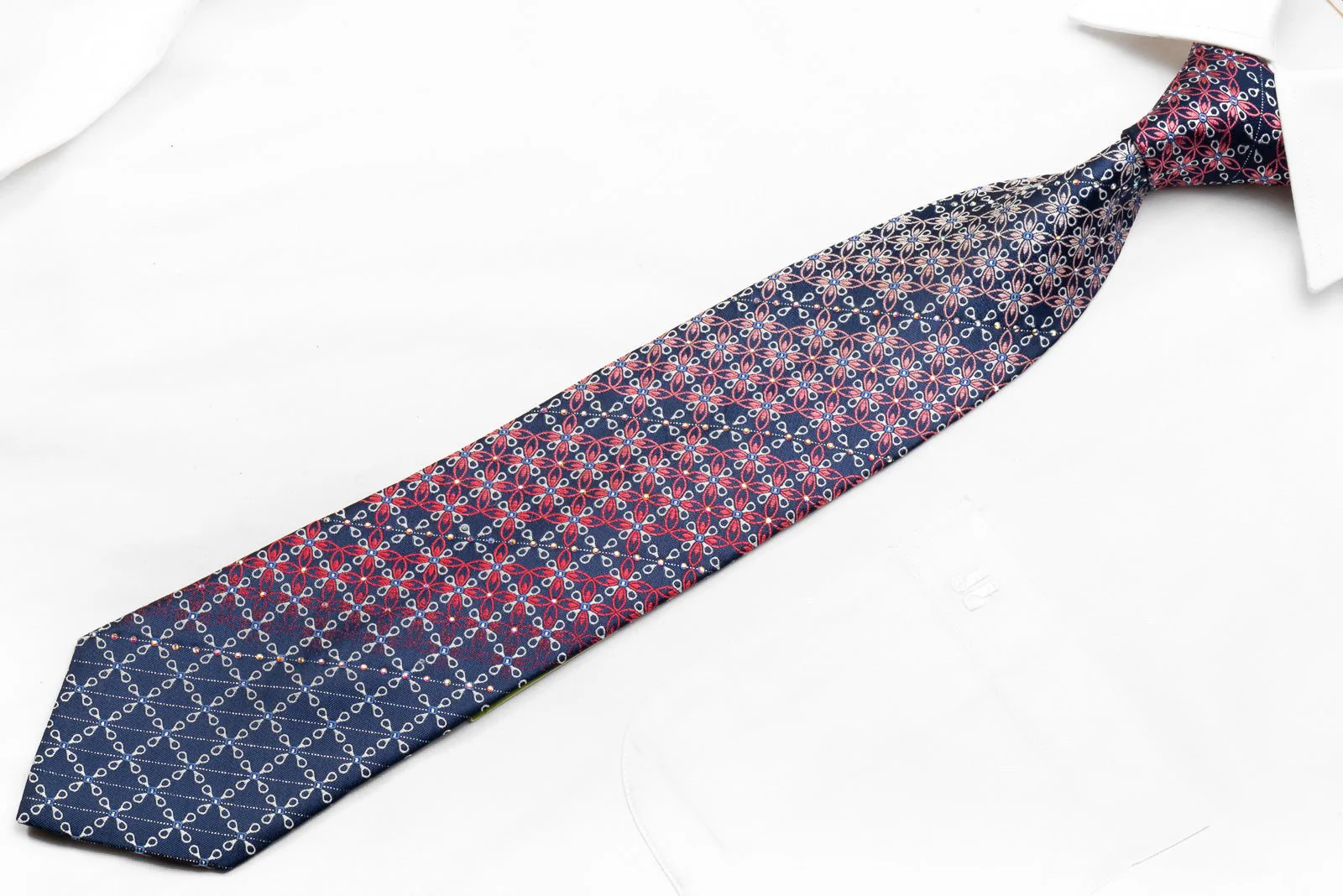 Elle Homme Men's Rhinestone Silk Necktie Silver Pink Geometric On Navy With Sparkles - Image 3