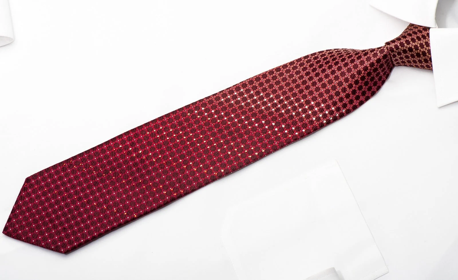 Elle Homme Men's Silk Necktie Trellis On Burgundy Sparkling With Rhinestones - Image 4