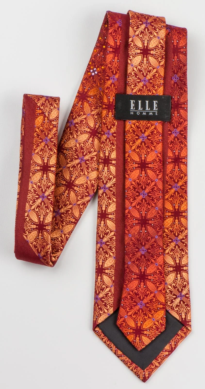 Elle Homme Men's Silk Rhinestone Necktie Orange Fleur De Lis Motif On Burgundy With Sparkles - Image 2
